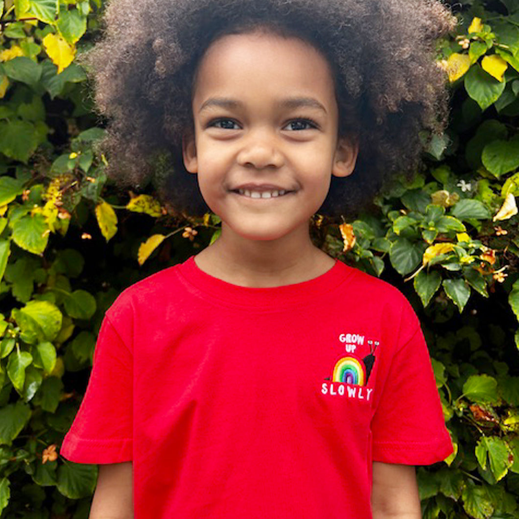 Red Grow Up Slowly Embroidered T-shirt