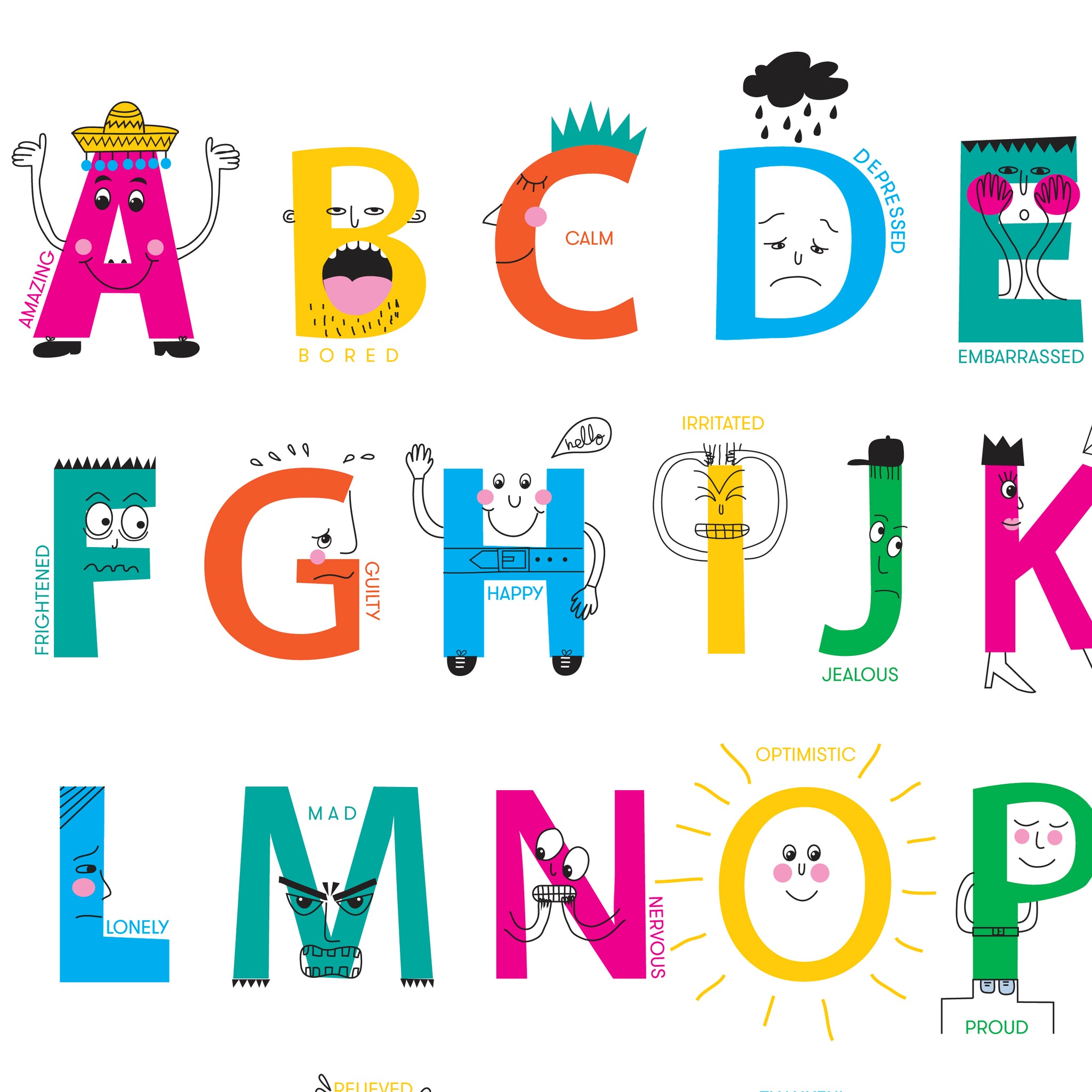 This alphabet print features a range of emotions illustrated with ...