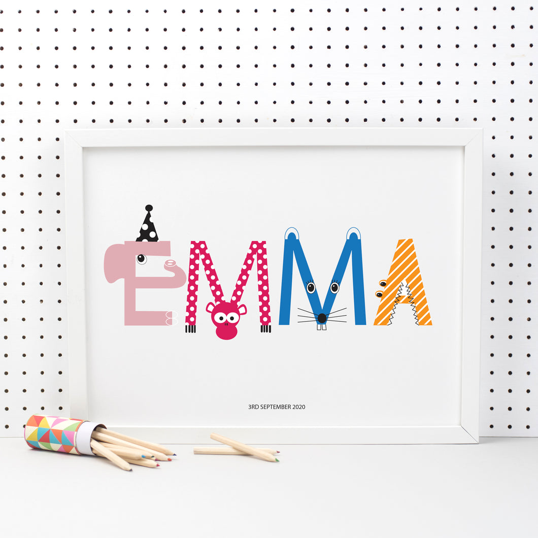 Personalised Children's Name Print With Animal Characters